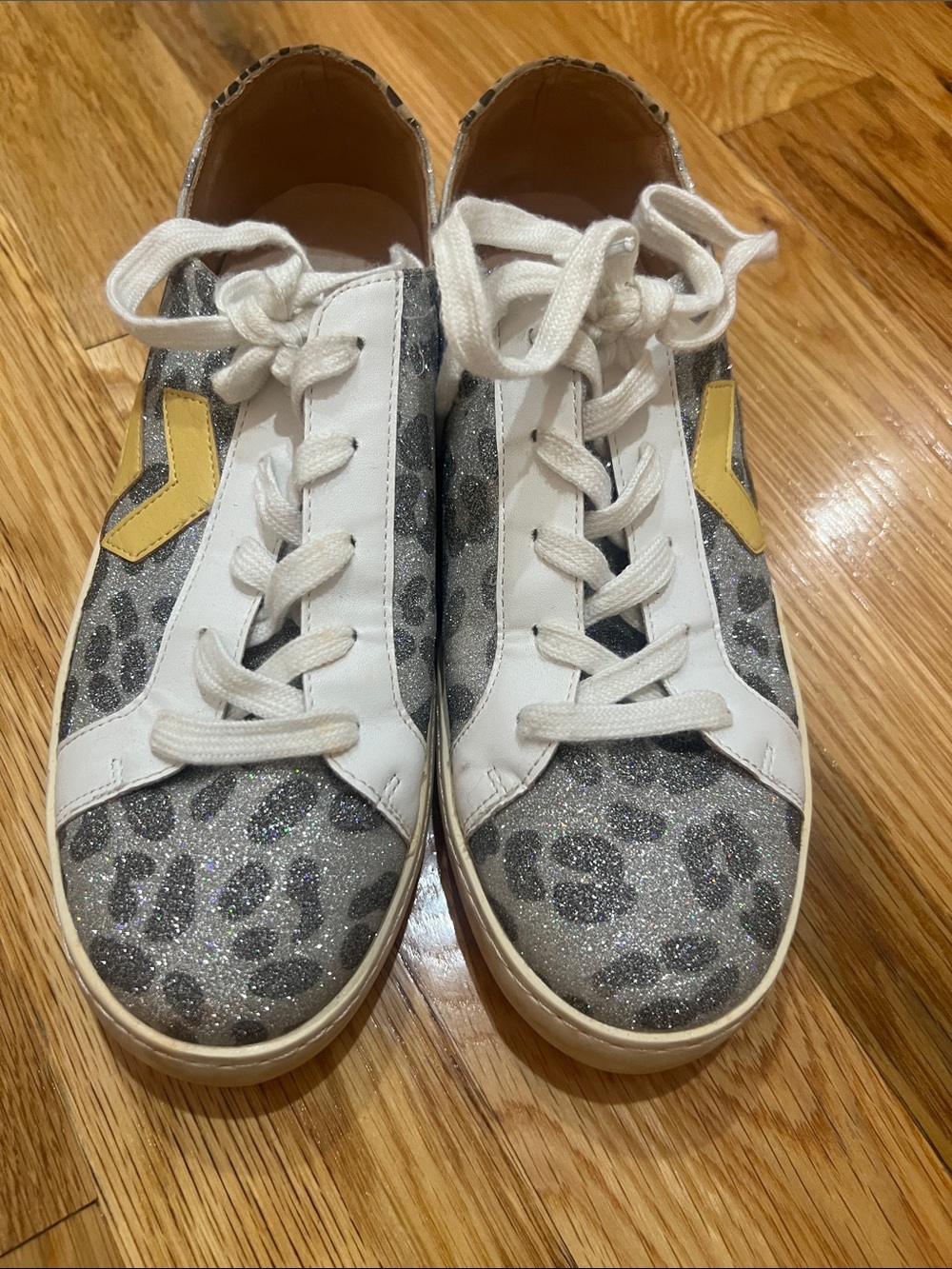 Women’s Glitter Leopard Lace-Up Sneakers with Yellow Accent